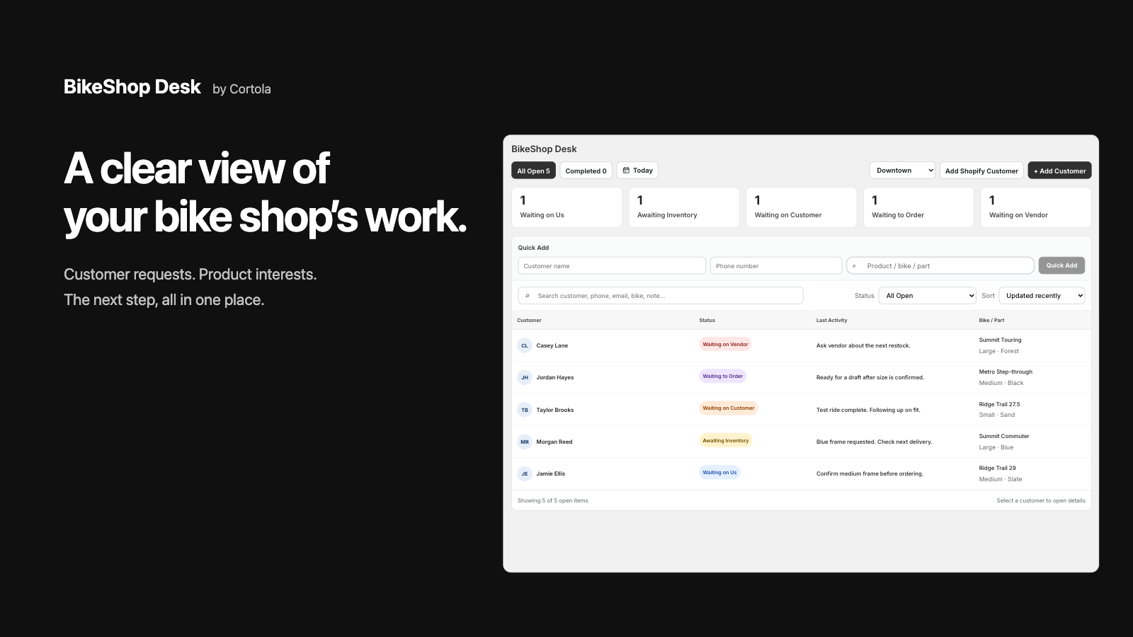 BikeShop Desk by Cortola — a clear view of your bike shop's work, showing the customer queue